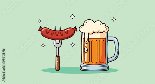 Cartoon illustration of a grilled sausage on a fork with a cold mug of beer.