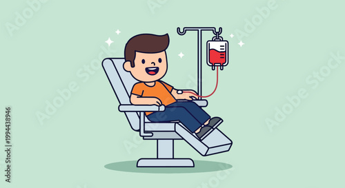 Cartoon illustration of a young man donating blood in a clinic chair.