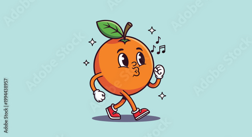 Cartoon Orange Character Walking Happily with Music Notes.