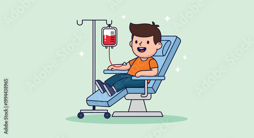 Cartoon illustration of a young man donating blood while sitting in a medical chair.
