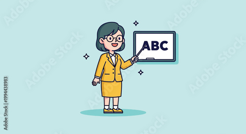 Cartoon teacher pointing at ABC alphabet on chalkboard.