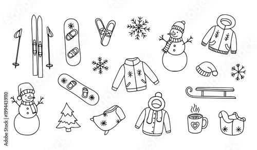 Winter doodle icons with snow sports and seasonal symbols in hand drawn style vector