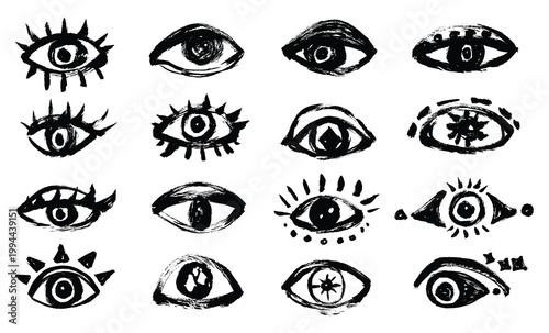 Grunge brush stroke drawn eyes collection. Vector doodle bizzare funky eyes set. Third eye mystical concept. Chalk and markers hand drawn on paper