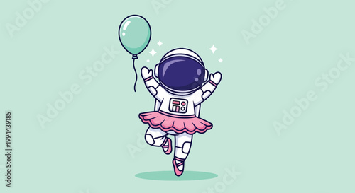 Cute cartoon astronaut wearing a pink tutu ballet dress holding a green balloon.