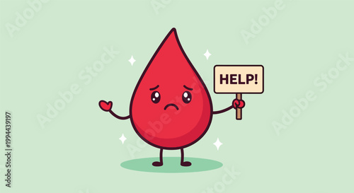 Cute Cartoon Blood Drop Character Holding a Help Sign.