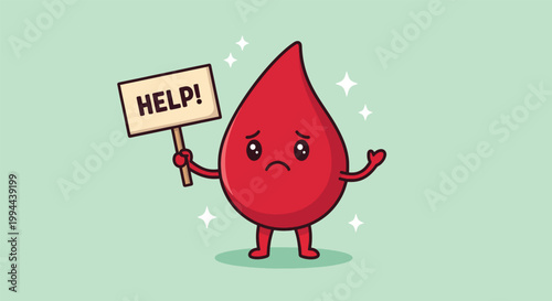 Cute Cartoon Blood Drop Character Holding a Help Sign for Donation Awareness.