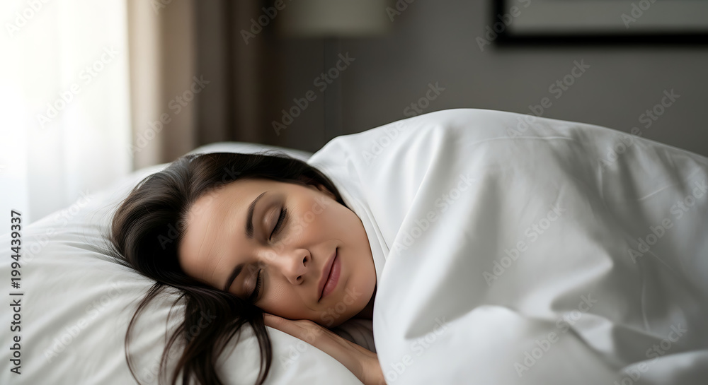 Obraz premium A peaceful young woman sleeping soundly in a comfortable bed, covered by a white duvet, enjoying a restful morning.