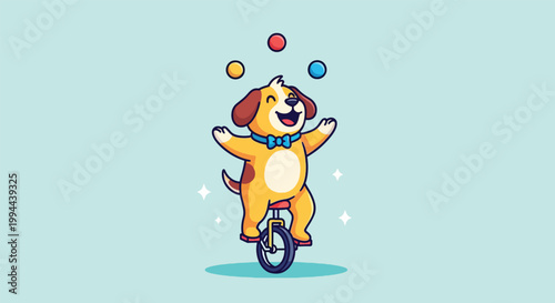 Cute Cartoon Dog Juggling Balls While Riding A Unicycle.