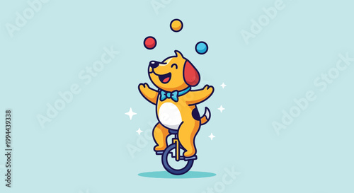 Cute Cartoon Dog Juggling on a Unicycle.