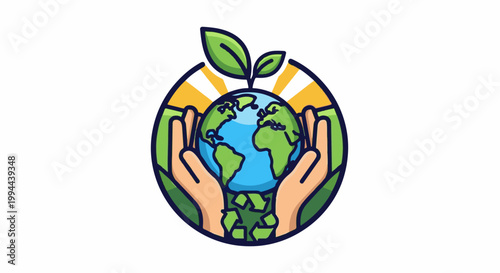 Hands cradle the Earth with plant sprouts and recycling symbols, implying care for the planet