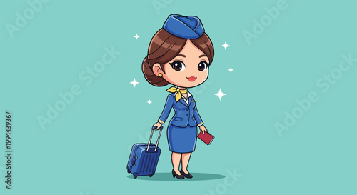 Cute Cartoon Flight Attendant Character With Luggage.