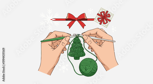 Hands crochet a green Christmas tree with yarn, hooks, snowflakes, and festive ribbon gift