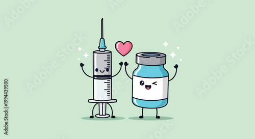 Cute cartoon vaccine syringe and medicine vial characters in love.
