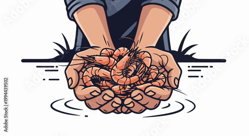 Hands holding fresh shrimp over water with aquatic plants