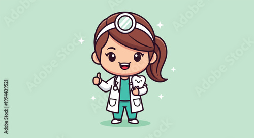 Cute Chibi Female Dentist Character Holding a Tooth and Giving Thumbs Up Vector Illustration.