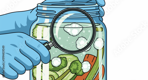 Hands in gloves use magnifying glass to inspect moldy vegetables in a jar