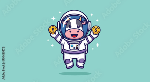 Cute Cow Astronaut Character Holding Gold Coins in Space Illustration.