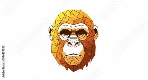 Geometric orangutan face in warm oranges and yellows, with dark eyes