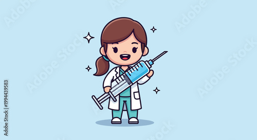 Cute Female Doctor Holding a Big Syringe.
