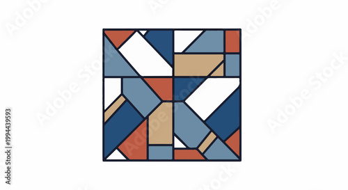 Geometric pattern with fragmented shapes in muted blues, tan, and terracotta