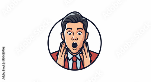 Excited man in suit shouting with hands cupped around mouth, circular emblem