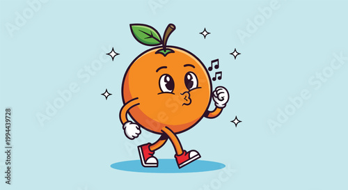 Cute Orange Character Walking Happily with Music Notes.