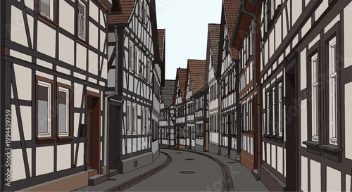 Historic European street with half-timbered buildings and a winding cobblestone road