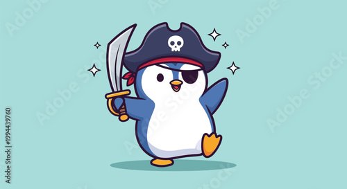 Cute Penguin Pirate with Sword and Eye Patch.