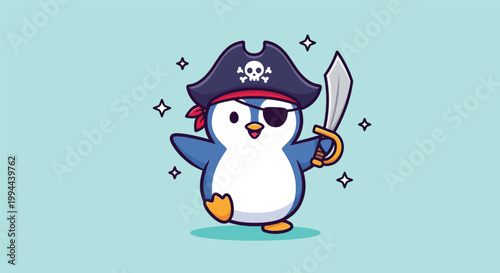 Cute Penguin Pirate Character Wearing a Hat and Holding a Sword.