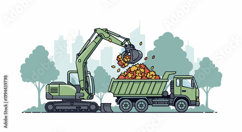 Excavator scoops fallen autumn leaves into a dump truck amidst city trees