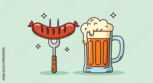 Grilled Sausage on Fork with Foamy Beer Mug.