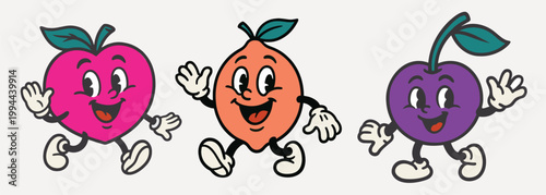 Colorful cartoon fruits dancing happily vector element set