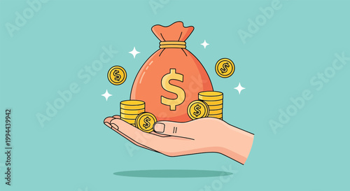 Hand holding a large money bag with gold coins for financial growth and investment concept.