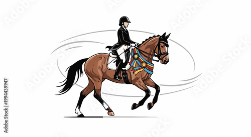 Equestrian competitor in formal attire on a decorated, brown horse performing