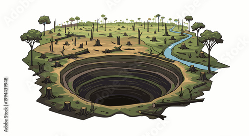 Environmental devastation with a massive crater and scattered tree stumps, a winding stream flows nearby