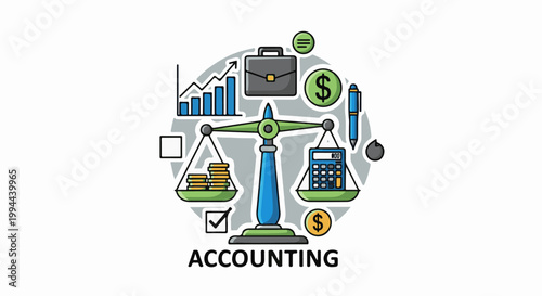 Financial balance scale with coins, calculator, graph, briefcase, and pen