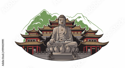 Enormous stone Buddha statue sits serenely before ornate pagodas and mist-shrouded mountains