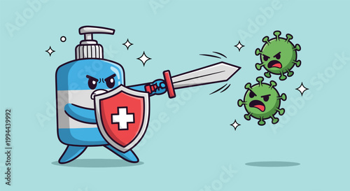 Hand sanitizer character fighting against coronavirus germs with sword and shield.