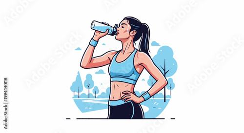 Fit woman in athletic wear drinks from a water bottle in a park setting