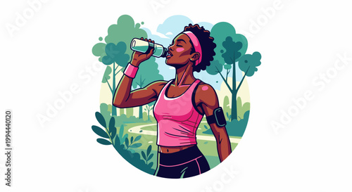 Fit woman in pink tank top drinks water from bottle during outdoor exercise