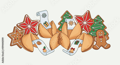 Festive fortune cookies and holiday-themed gingerbread cookies create a whimsical arrangement