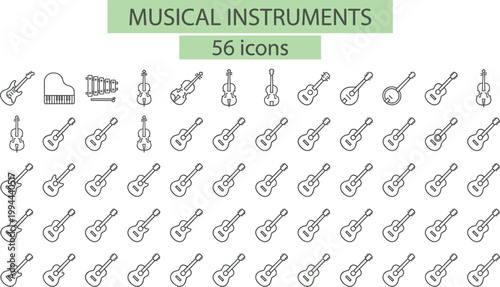 Musical instruments icon set featuring string instruments, guitars, violins and acoustic music elements in minimal outline style