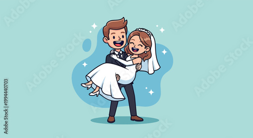 Happy cartoon groom carrying bride in white wedding dress on blue background.