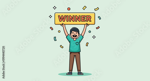 Happy man celebrating success holding a winner sign with falling confetti.