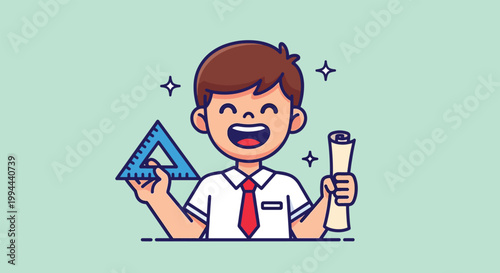 Happy student boy holding geometry triangle ruler and scroll paper.