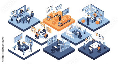 Office, Workspace, Business, Team, Collaboration, Isometric, Vector Icons Set
