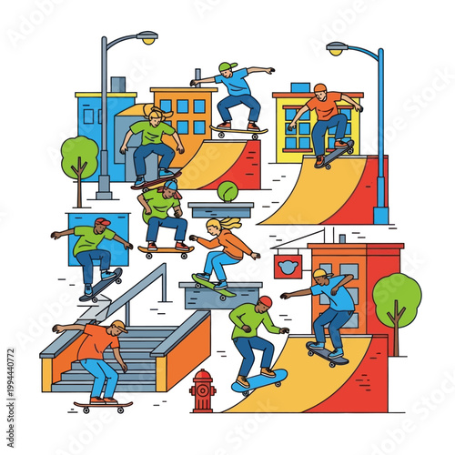 Diverse skateboarders performing tricks in a vibrant urban skatepark illustration.