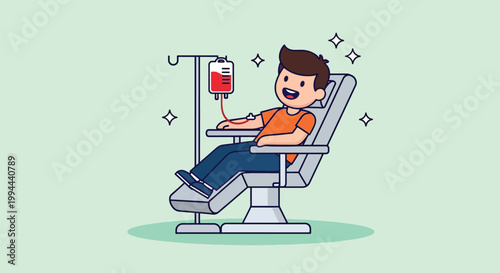 Happy Young Man Donating Blood in a Chair.