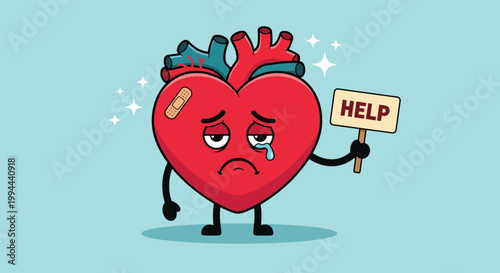 Sad cartoon heart character holding a help sign Vector Illustration.