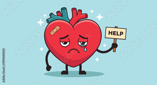 Sad Heart Character Holding Help Sign.